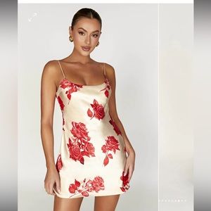 meshki rose satin mini dress
